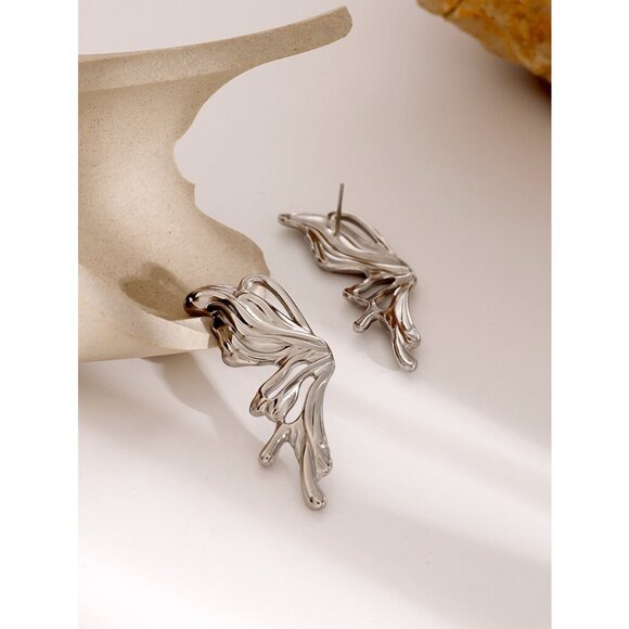 Kim Silver-Tone Asymmetrical Butterfly Earrings - Stainless Steel Earrings - Picture 3 of 10